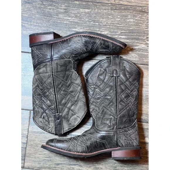 Laredo Axel Men 8D Black Distressed Leather Square Toe Cowboy Boots 7927 Western - Picture 4 of 11